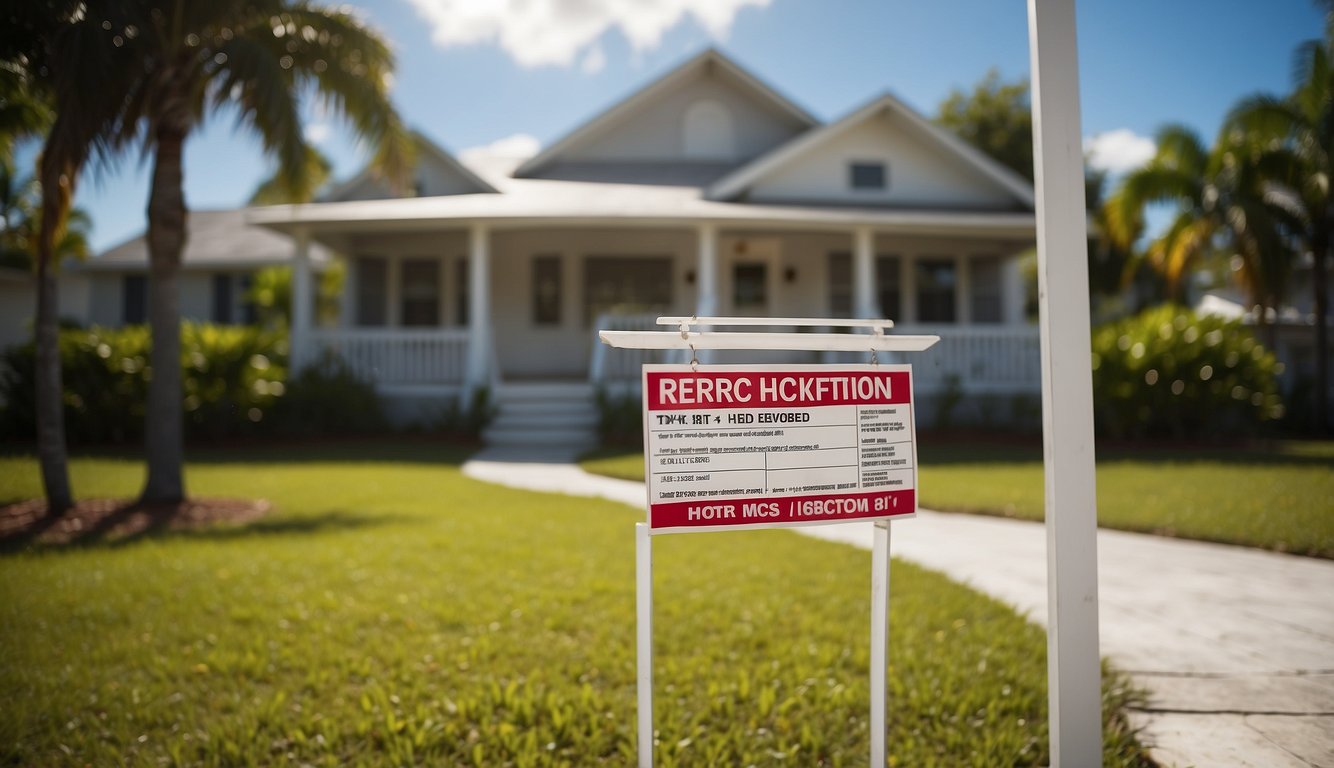 A real estate sign in front of a Florida house with a visible mold inspection report attached