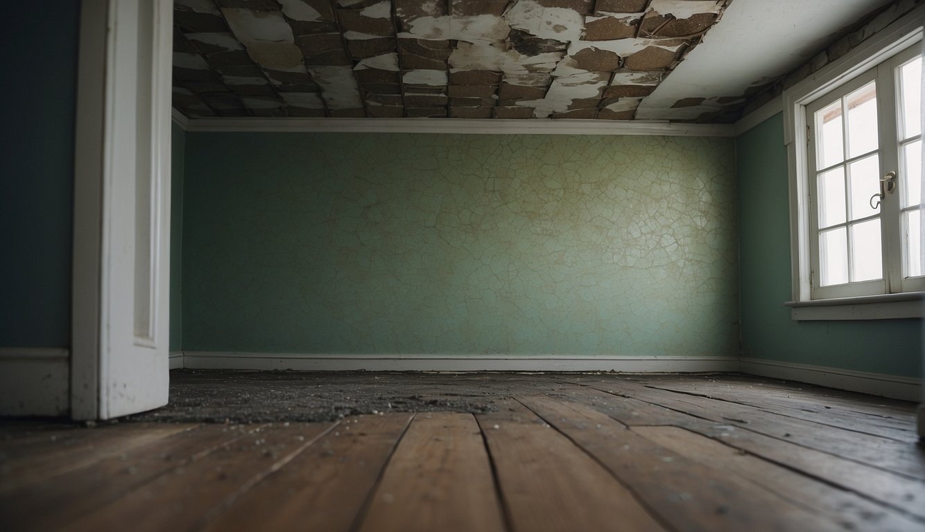 A house with visible mold growth in various areas, such as the walls, ceilings, and floors. The presence of moisture stains and musty odors is evident throughout the property