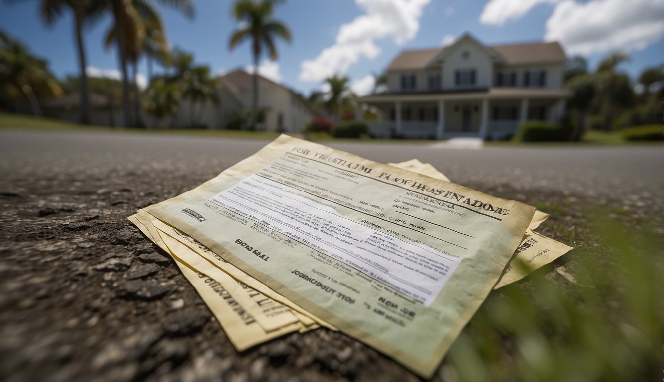 A house with visible mold infestation, a "For Sale" sign, and a legal document with consequences of non-disclosure in Florida