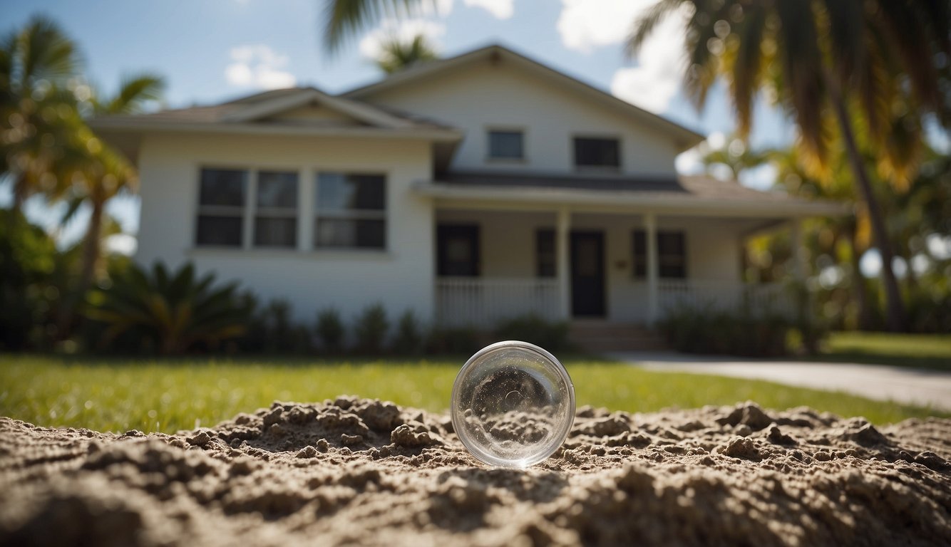 The scene shows a house with visible mold, alongside certification and clearance reports. The setting is in Florida, with a clear indication of the legal question regarding selling a house with mold