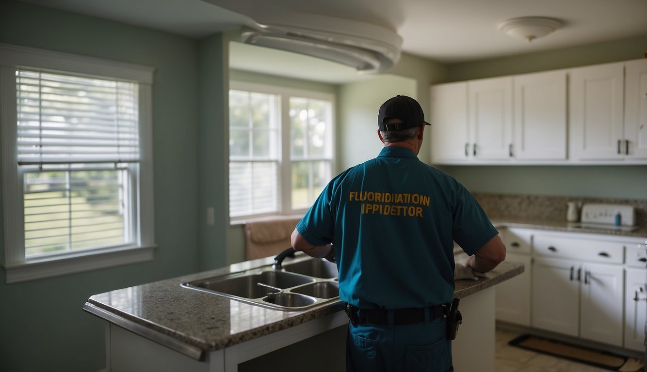 A mold inspector examines a Florida house. Remediation equipment and cleaning supplies are visible